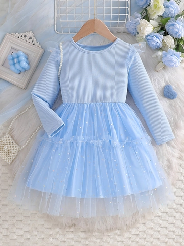 Vestito Da Principessa A Maniche Lunghe Da Bambina Misto Cotone A Costine Gonna In Tulle Con Paillettes