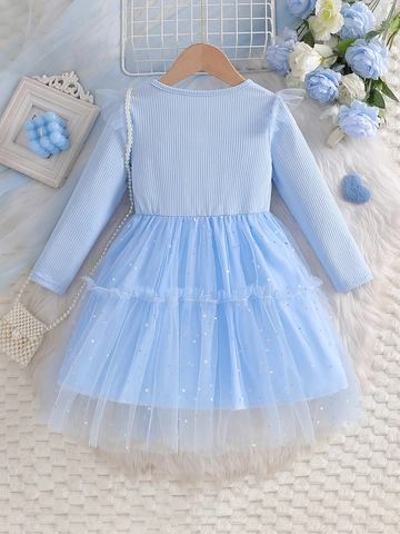 Vestito Da Principessa A Maniche Lunghe Da Bambina Misto Cotone A Costine Gonna In Tulle Con Paillettes