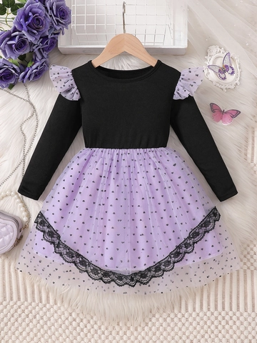 Vestito Manica Lunga Ragazza Cotone Costine Mesh Stampa Cuore Pizzo Principessa Patchwork Dolce Outfit Autunno Bambini