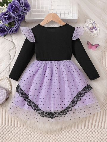 Vestito Manica Lunga Ragazza Cotone Costine Mesh Stampa Cuore Pizzo Principessa Patchwork Dolce Outfit Autunno Bambini