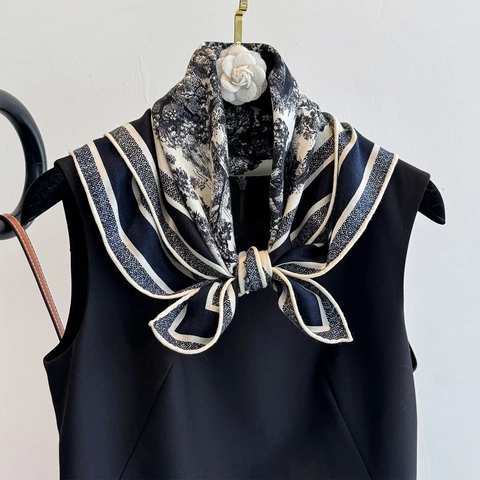 Elegant Toile De Jouy Print Satin Wool Square Scarf Retro Jungle Animal Pattern Double Sided Neck Wrap For Women