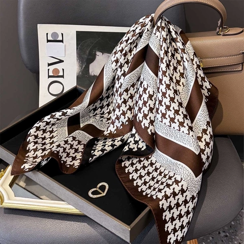 Houndstooth Mulberry Satin Square Scarf Elegant Twill Weave Fashion Neck Head Wrap For Women