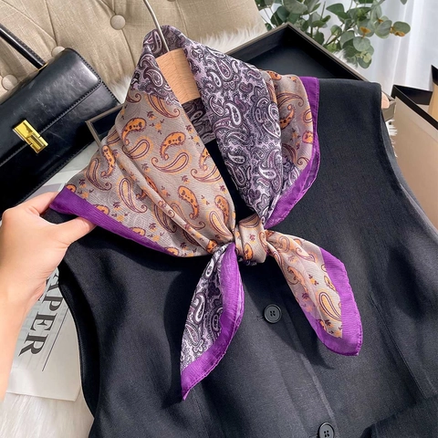 Elegant Paisley Grid Print Square Satin Scarf For Women Lightweight Polyester Neck Scarf Travel Daily Accessories