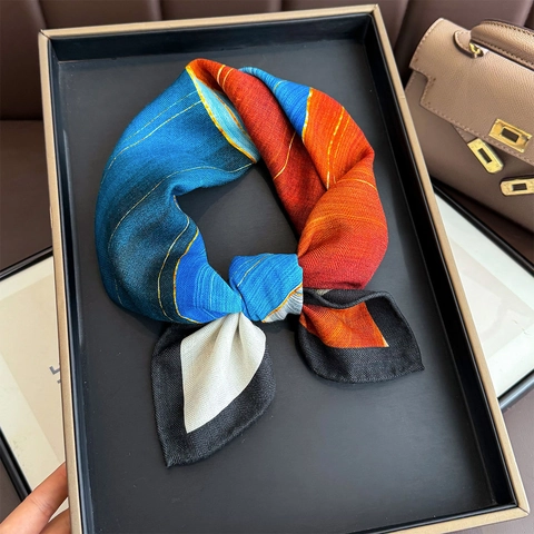 Elegant Square Scarf Satin Wool Blend Reversible Abstract Art Print Neck Scarf For Women Lightweight Luxury Style