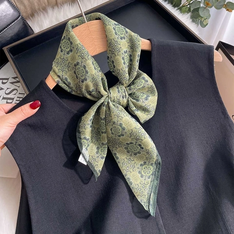 Women Vintage Floral Polka Dot Print Satin Square Scarf Silk-Like Chiffon Fashion Headscarf Neck Wrap Hair Band Accessory