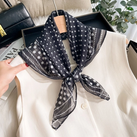 Women Vintage Floral Polka Dot Print Satin Square Scarf Silk-Like Chiffon Fashion Headscarf Neck Wrap Hair Band Accessory