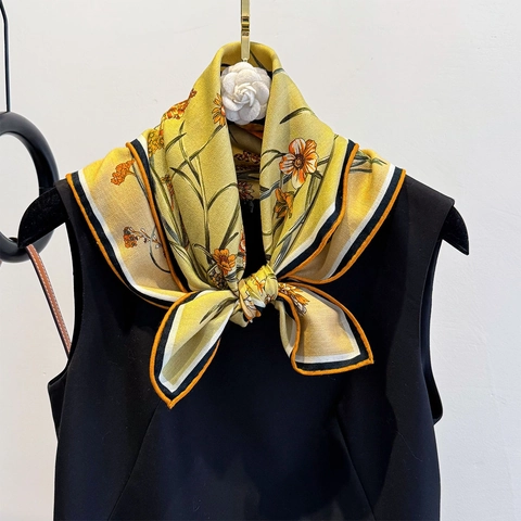 Elegant Square Scarf For Women Satin And Wool Blend Floral Print Double Sided Luxury Fashion Neck Wrap Accessory