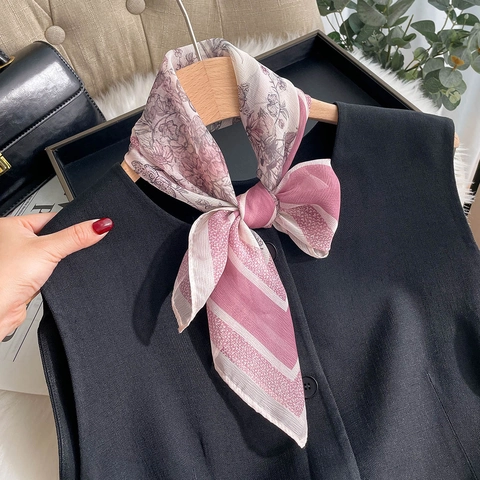 Elegant Floral Print Square Scarf For Women Satin Chiffon Neckerchief Botanical Pattern Fashion Decorative Head Scarf Hair Band Accessory