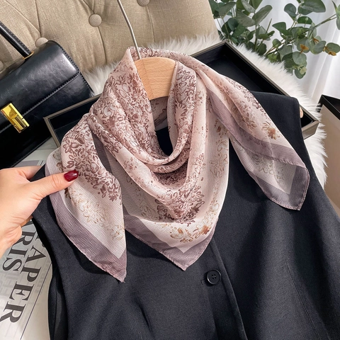 Elegant Floral Print Square Scarf For Women Satin Chiffon Neckerchief Botanical Pattern Fashion Decorative Head Scarf Hair Band Accessory