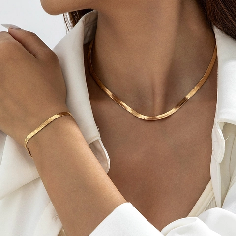 Gold Plated Metal Flat Snake Herringbone Chain Necklaces And Bracelets With Artificial Baroque Pearl Y Shape Tassel