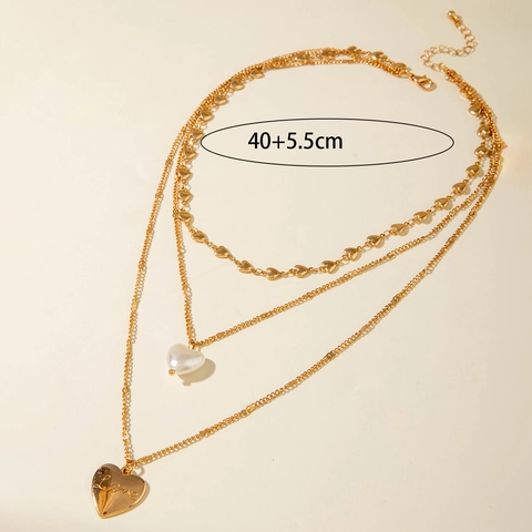 Collana A Strati Cuore Ferro Placcato Oro Con Perla Artificial Imitazione Cuore E Ciondoli Incisi Love Gioielli Moda Donna