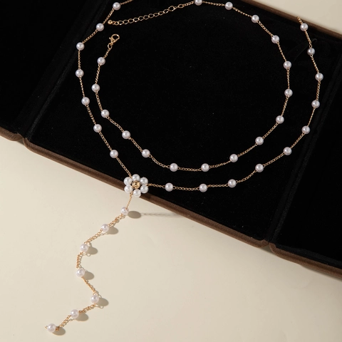Zweilagige Y-Förmige Halskette Elegante Legierung Imitationsperle Blumenanhänger Lange Quaste Modeschmuck Für Frauen