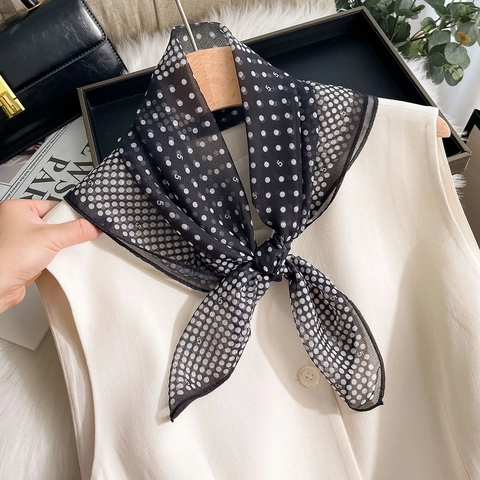 Elegant Satin Square Scarf For Women Bow Polka Dot Print Fashion Neckerchief Hair Band Bag Decor Lightweight Neck Wrap