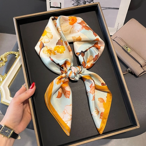 Mulberry Satin Square Scarf Floral Print Elegant Satiny Soft Satin Neck Head Hair Wrap Accessory For Women