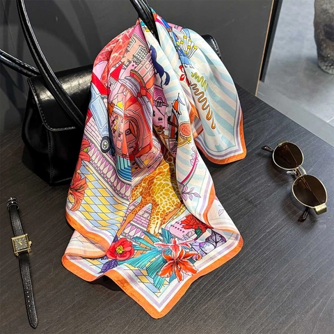 100% Mulberry Satin Square Scarf Elegant Giraffe Castle Floral Print Versatile Neck Head Wrap Fashionable For Women