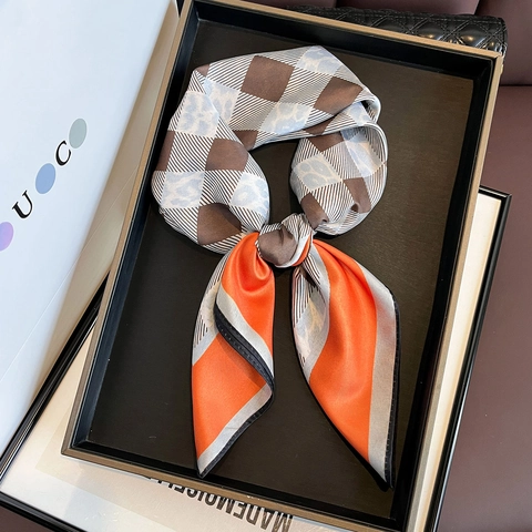 Fashion Leopard Print Square Scarf Vintage Checkerboard Color Block Polyester Satin Neck Kerchief For Women Elegant