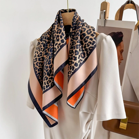 Fashion Leopard Print Square Scarf Vintage Checkerboard Color Block Polyester Satin Neck Kerchief For Women Elegant