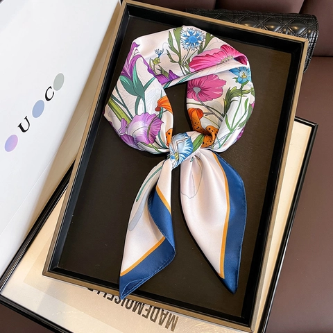 Women Square Scarf Floral Print Polyester Satin Satin Like Head Neck Hair Wrap Versatile Elegant Office Accessory
