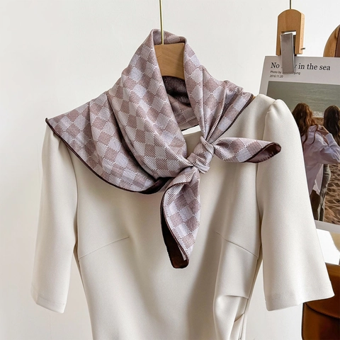 Square Scarf Elegant Polyester Satin Feel Double Sided Print Checkerboard Floral Pattern Neck Wrap Headscarf For Women Fashion