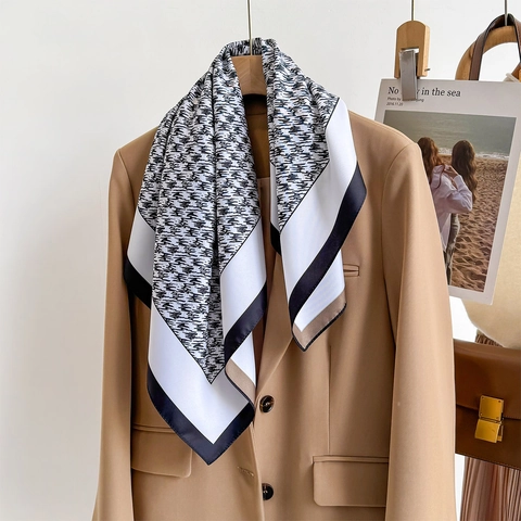Women Elegant Houndstooth Print Square Scarf Satin Feel Polyester Neck Satin Headband For Hair Bag Decoration Vintage
