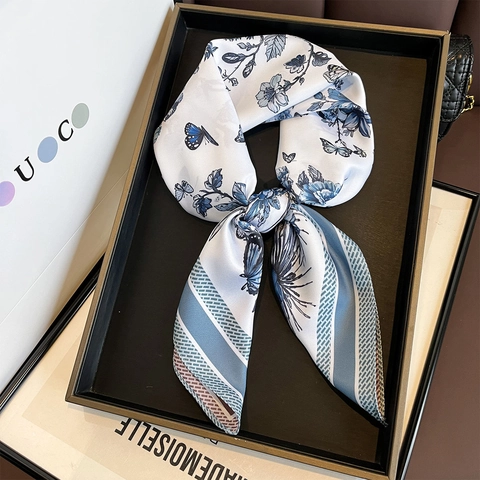 Elegant Floral Butterfly Print Square Scarf Soft Polyester Satin Satin Feel Headscarf For Women Neck Wrap Office Decor