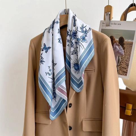 Elegant Floral Butterfly Print Square Scarf Soft Polyester Satin Satin Feel Headscarf For Women Neck Wrap Office Decor