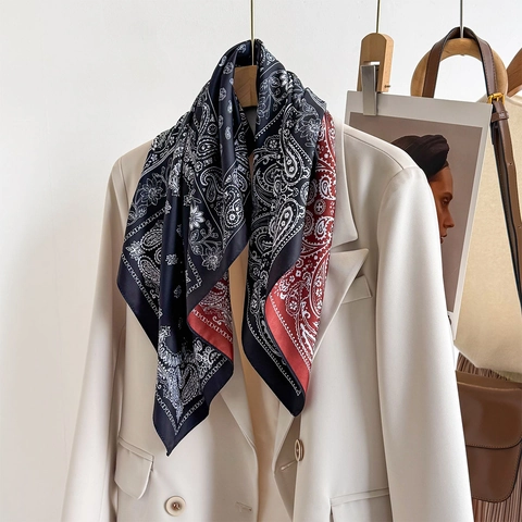 Retro Paisley Floral Print Square Scarf Women Vintage Polyester Satin Satin Neck Scarf Bandana Hair Tie Office Accessory