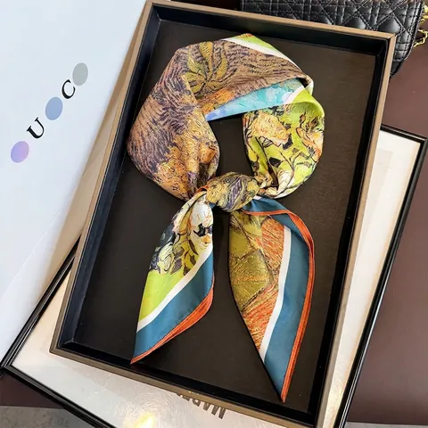 Women Square Scarf Oil Painting Print Impressionist Style Polyester Twill Satin Feeling Elegant Neck Scarf Headband Bag Accessory