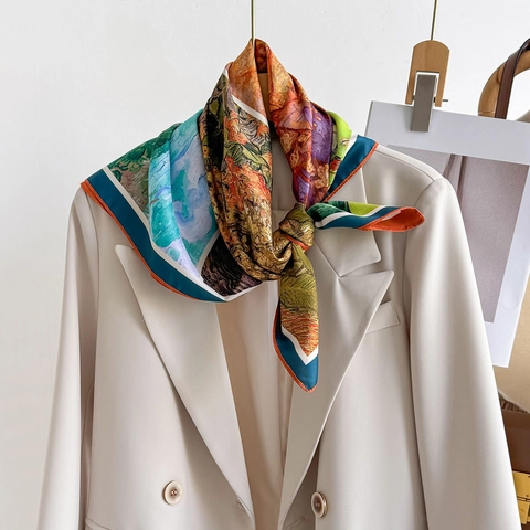 Women Square Scarf Oil Painting Print Impressionist Style Polyester Twill Satin Feeling Elegant Neck Scarf Headband Bag Accessory