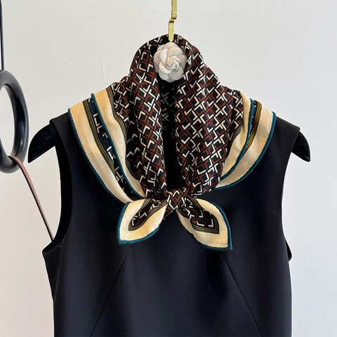Satin Wool Square Scarf Geometric Monogram Print Retro Fashion Hair Tie Neck Wrap Luxury Accessory For Women