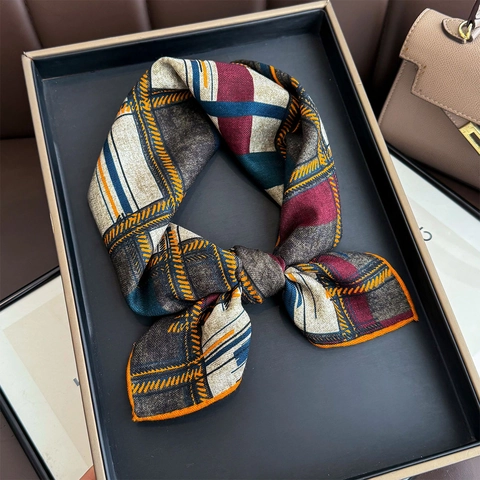 Satin Wool Blend Square Scarf Plaid Geometric Retro Neckerchief Shawl Lightweight Warm Fashion Neck Guard For Women
