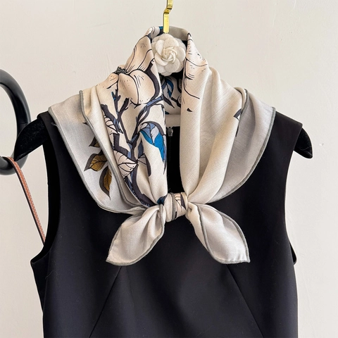 Elegante Foulard Quadrato Raso E Lana Stampa Floreale Double Face Stile Retrò Per Donna Sciarpa Da Collo