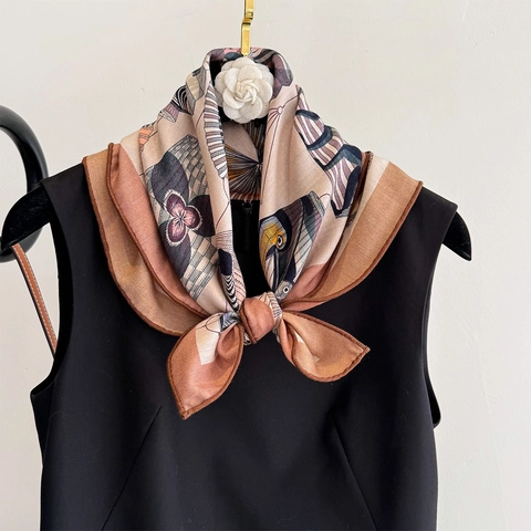 Retro Animal Lantern Print Satin Wool Square Scarf Hand Rolled Edge Soft Lightweight French Artistic Neck Kerchief
