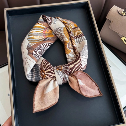 Retro Animal Lantern Print Satin Wool Square Scarf Hand Rolled Edge Soft Lightweight French Artistic Neck Kerchief