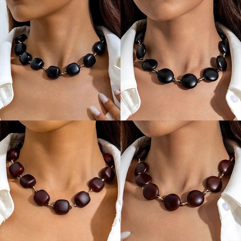 Retro Acrylic Geometric Chunky Link Necklace For Women Maillard Style Black Brown Square Round Disk Oval Pendant Alloy Chain Necklace Jewelry Gift