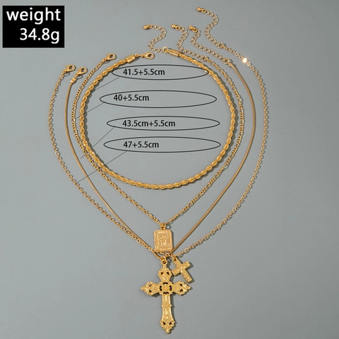 Multi-layer Gold Plated Alloy Iron Cross Pendant Necklace With Square Religious Plaque Retro Punk Style For Women
