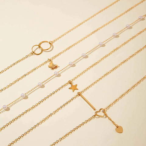 Collar Multicapa Aleación Colgantes Mariposa Corazón Estrella Imitación Perla Artificial Estilo Bohemio Joyería Para Mujeres Color Oro