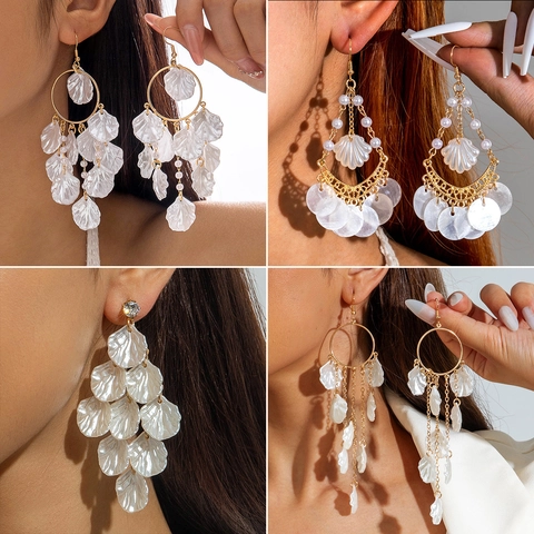 Pendientes de Borla Larga de Concha y Perla Artificial Franceses de Hierro y Aleación de Oro Pendientes de Aro para Mujer Joyería de Estilo de Vacaciones Bohemio