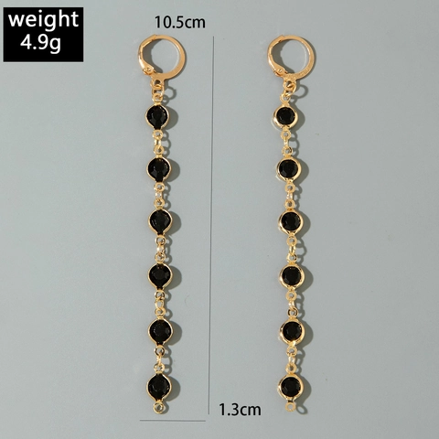Orecchini Lunghi Lega Dorata Con Strass Neri Nappine Circolari Geometriche Donna Moda Gioielli Eleganti
