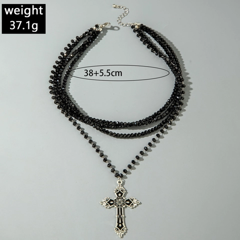 Collier Multi-rangs Pendentif Croix Gothique Vintage Perles Facettées Noires Cuivre Alliage Style Baroque Punk Pour Femme
