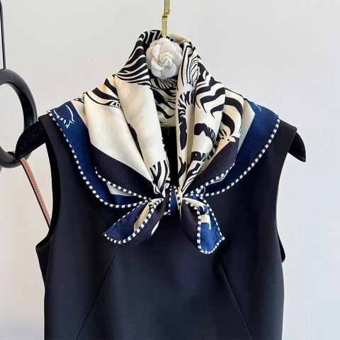 Zebra Print Satin Wool Blend Square Scarf Double Sided Fashion Neck Warmer Soft Elegant Fashionable Women Accessory