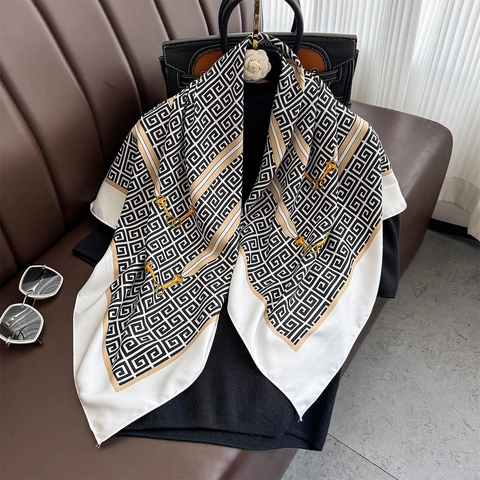 Large Square Scarf Polyester Satin Feel Geometric Greek Key Print Horsebit Chain French Vintage Elegant Women Wrap