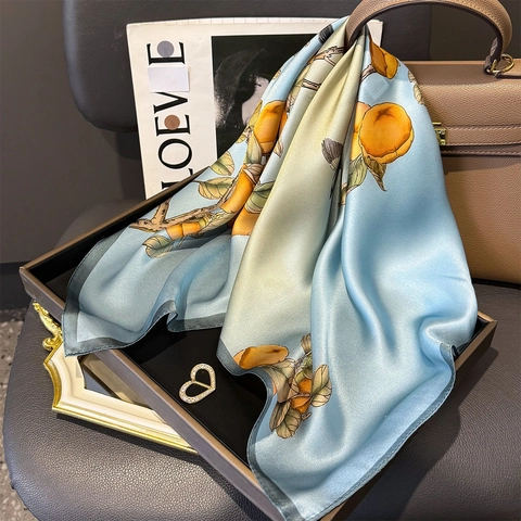French Style Mulberry Satin Square Scarf Elegant Vintage Floral Print Hair Tie Neck Wrap Bag Decoration Handkerchief