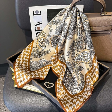 French Style Mulberry Satin Square Scarf Elegant Vintage Floral Print Hair Tie Neck Wrap Bag Decoration Handkerchief