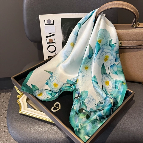Elegant Mulberry Satin Square Scarf Floral Printed Neck Wrap Hair Bandana French Style Luxurious Fashion Accessory Women