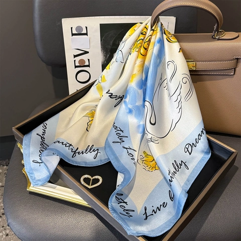 Elegant Mulberry Satin Square Scarf Floral Printed Neck Wrap Hair Bandana French Style Luxurious Fashion Accessory Women