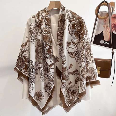 Large Square Scarf Shawl Floral Print Cotton Linen Feel Tassel Fringe Sun Protection Vintage Elegant Travel Wrap Women