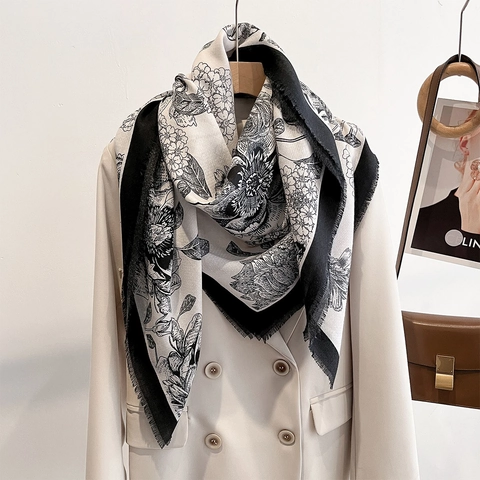 Large Square Scarf Shawl Floral Print Cotton Linen Feel Tassel Fringe Sun Protection Vintage Elegant Travel Wrap Women