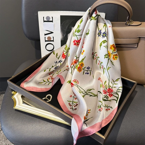 Elegant Women Square Scarf 100% Mulberry Satin Floral Equestrian Butterfly Printed French Chic Head Neck Wrap