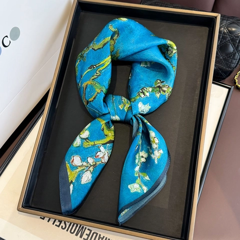 Carré de Soie de Mûrier pour Femme Impression Peinture à l'Huile Van Gogh Fleur d'Amandier Élégant Foulard en Soie Cadeau